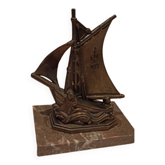 Bronze paperweight boat fishing scene