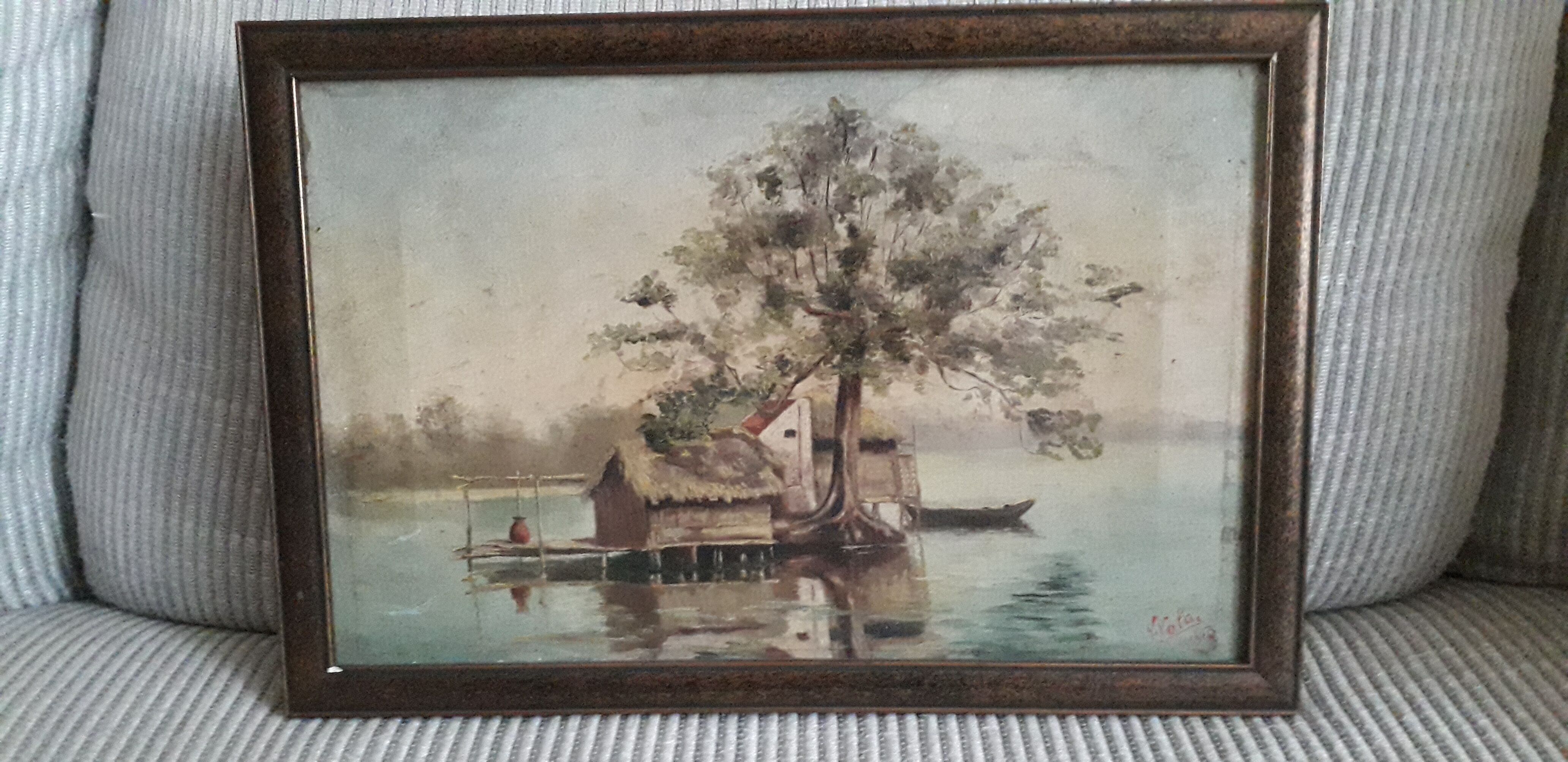 Old oil painting depicting a lake landscape