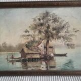 Tableau ancien à l'huile représentant un paysage lacustre