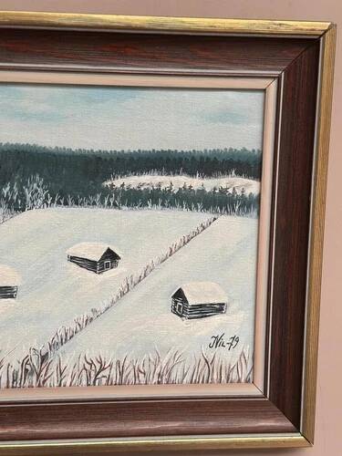 Swedish Oil on Canvas “Houses in the snow” by Nik 79 Vintage & Framed 35x30cm