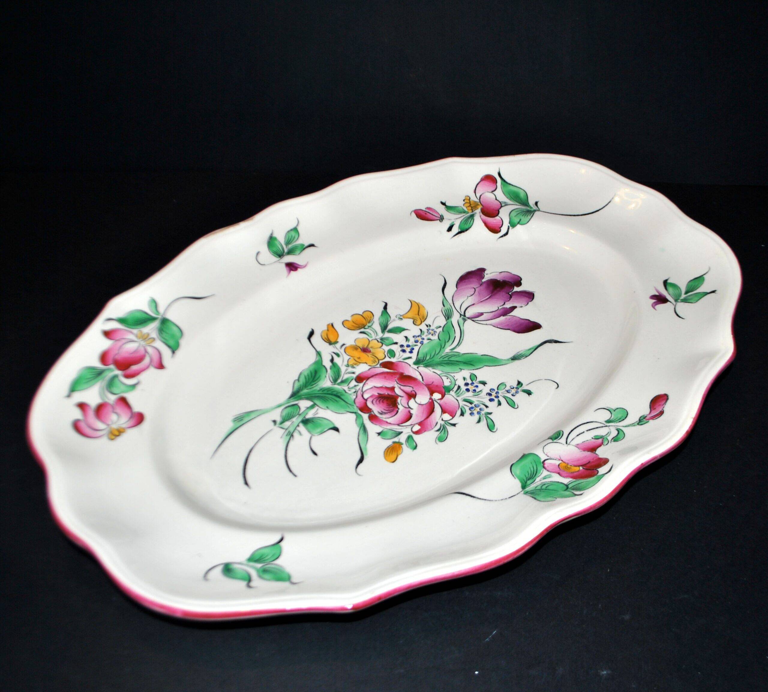 Lunéville Keller & Guerin, oval dish, Streetlight with polychrome flowers, 41×29