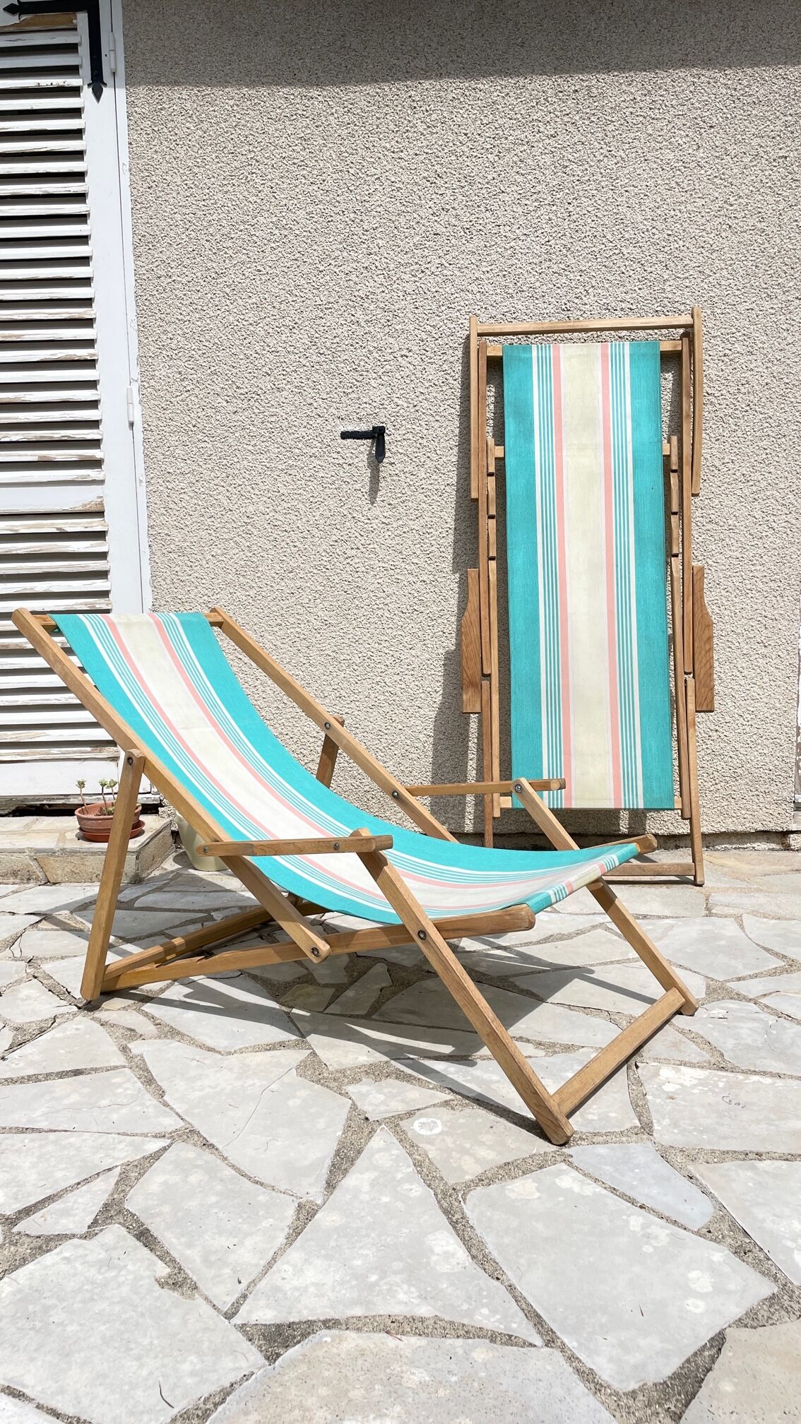 Transat pliant en bois et toile vintage