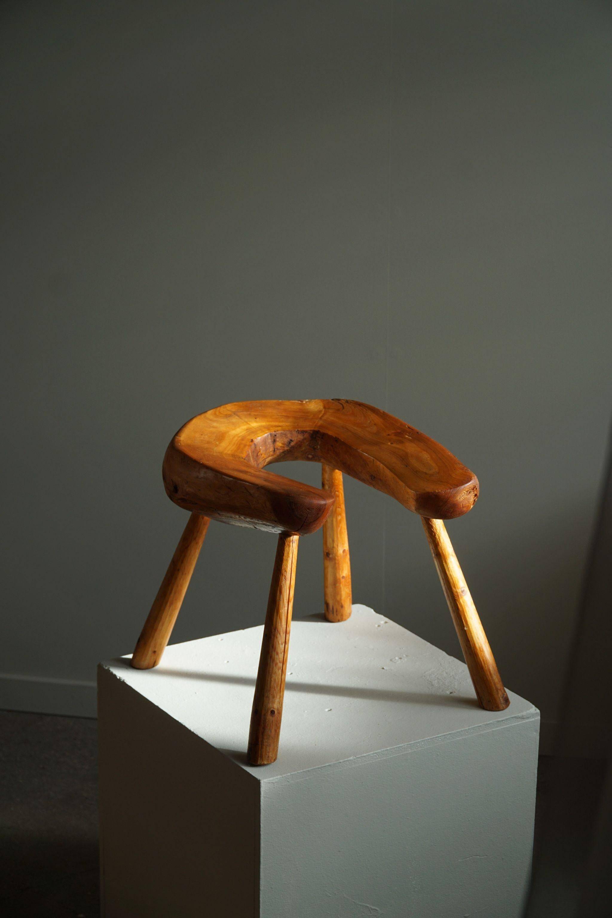 Wabi Sabi stool in solid pine, handmade by a Swedish carpenter, 1950s.