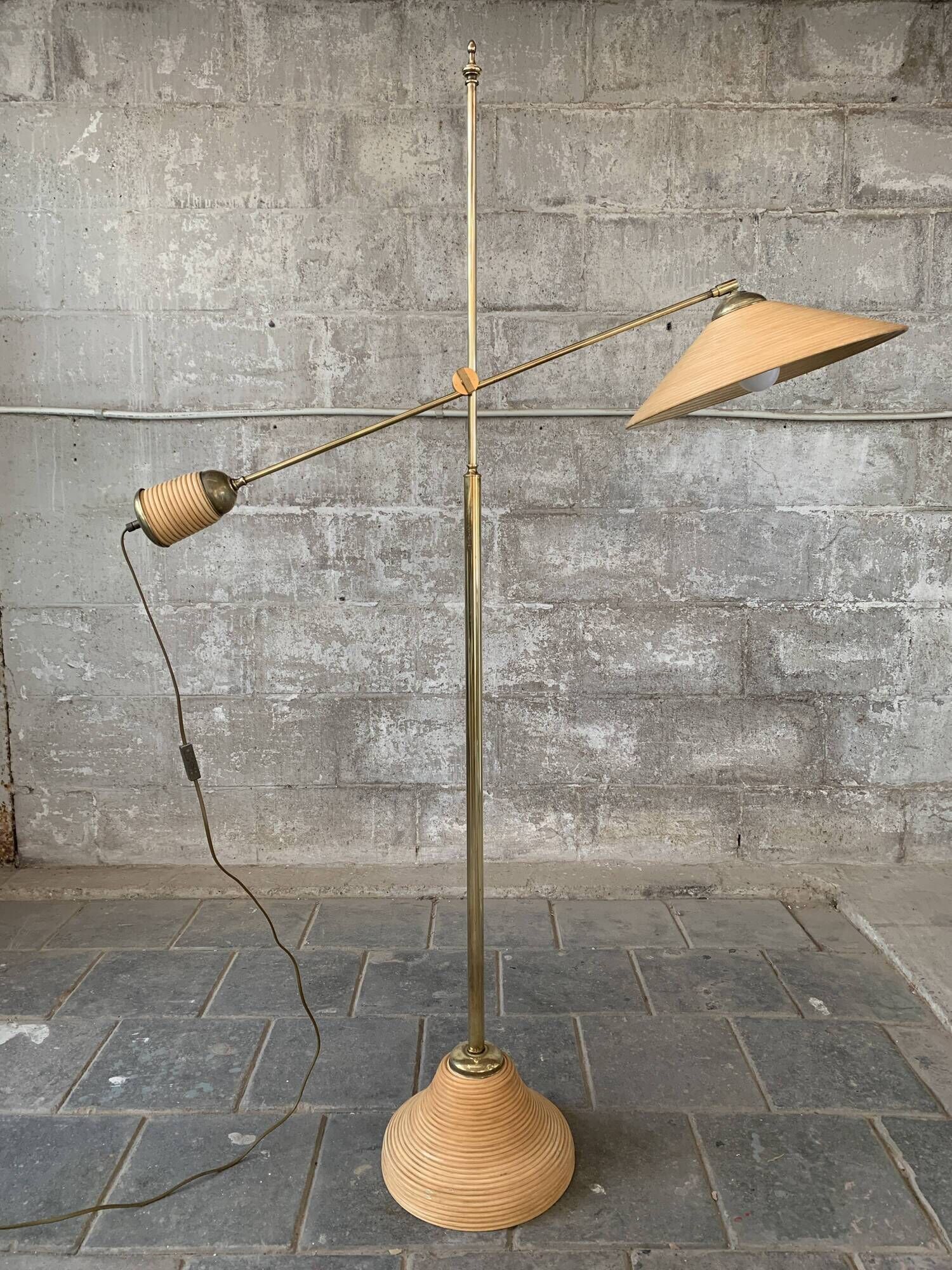 Italian Adjustable Floor Lamp in Pencil Reed, Bamboo, Rattan and Brass, 1970s