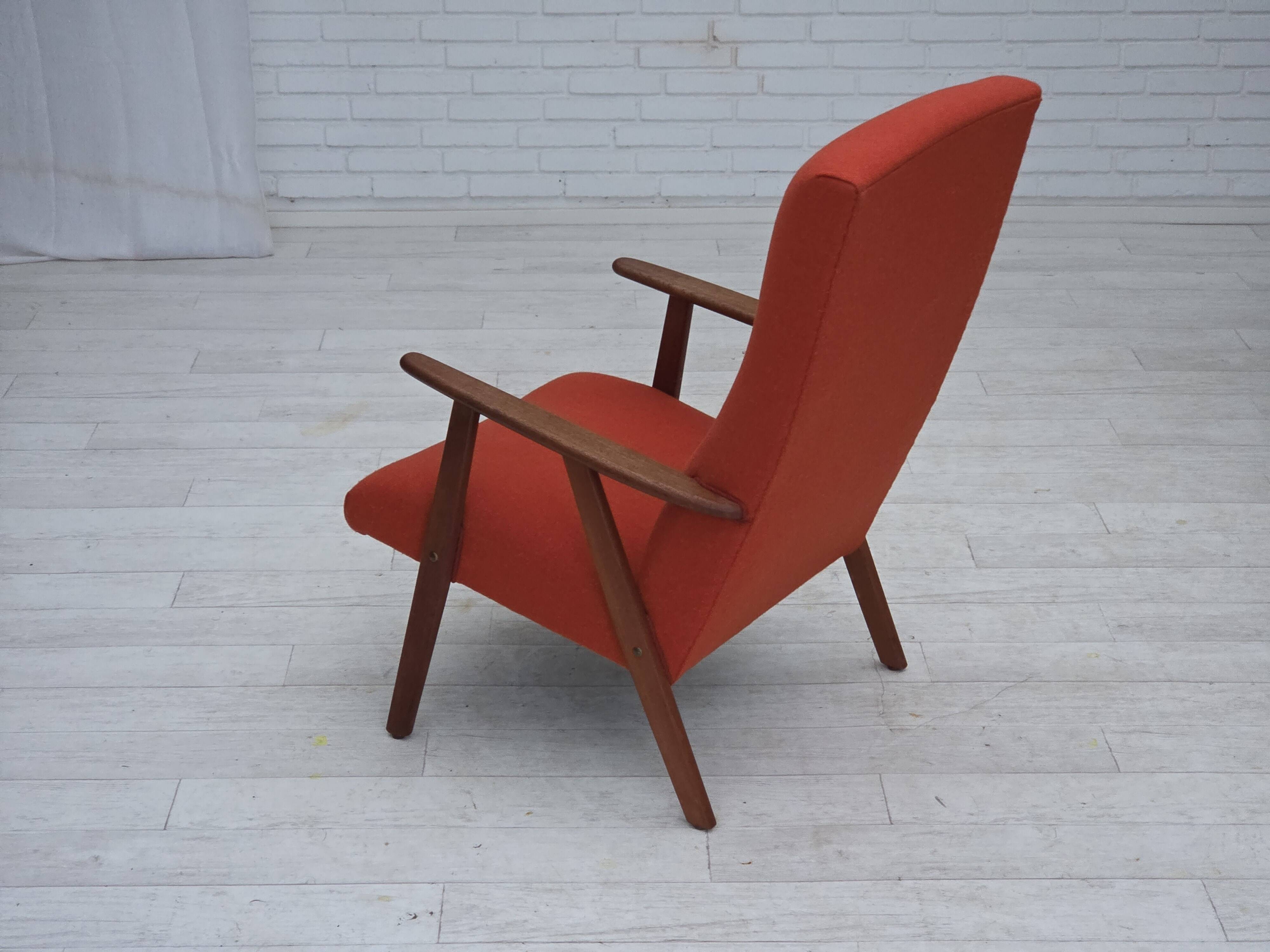 1970s, Danish highback armchair, furniture wool, teak wood, oak wood.