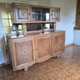 Buffet 2 corps en noyer vintage 1958 5 portes miroirs et vitrine