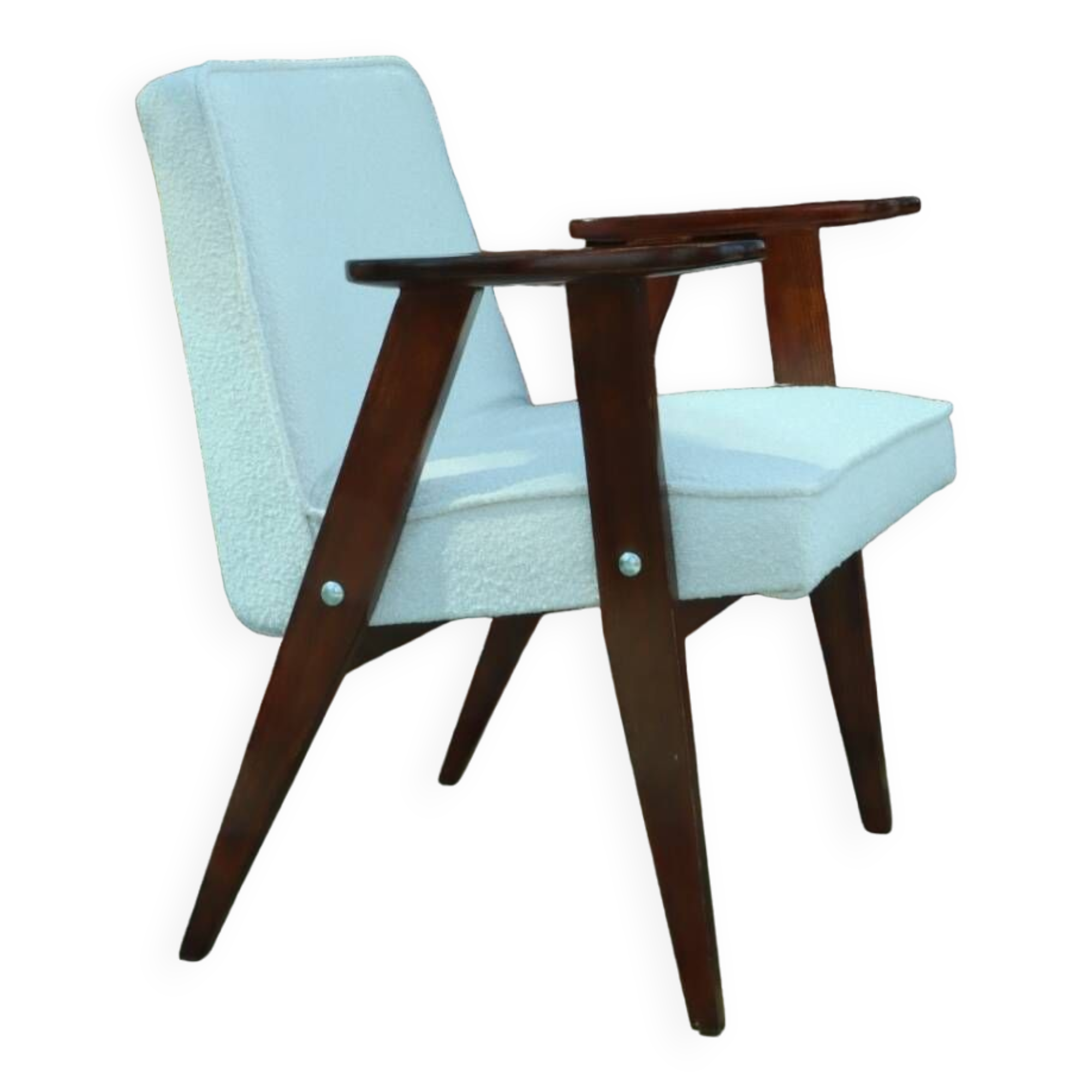 Scandinavian armchair snow white boucle dark walnut wood colour design by Chierowski 366 model