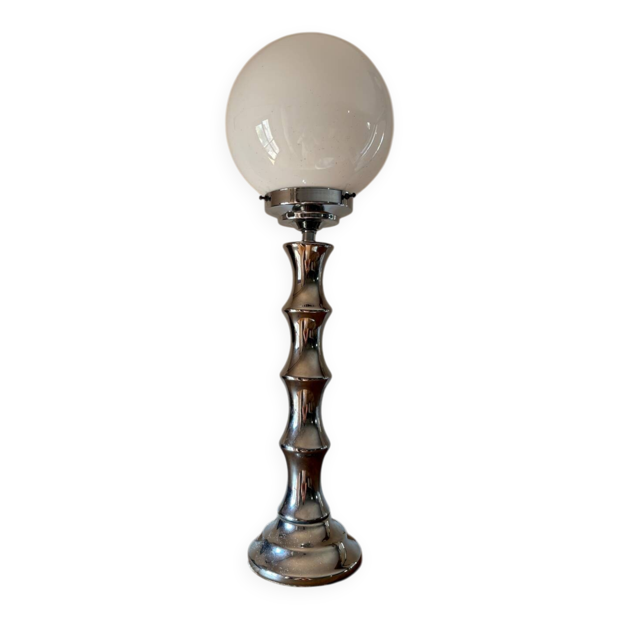 Vintage 1970s chrome globe lamp with bamboo-like finish