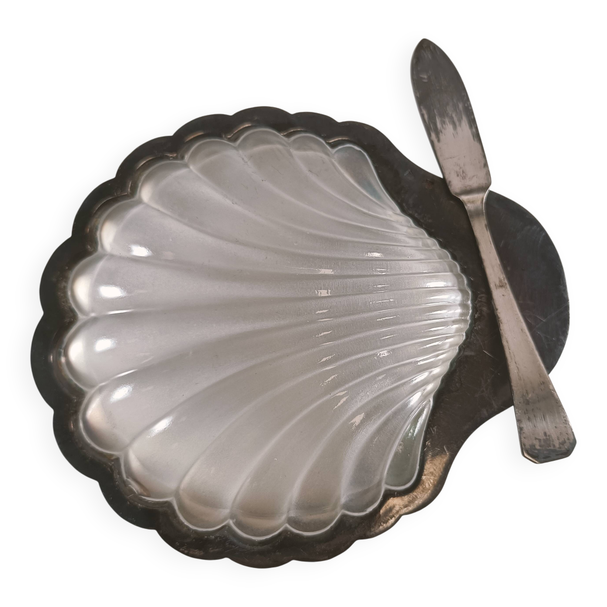 Complete Shell Butter Dish - Metal & Glass - Original Box - 1970s
