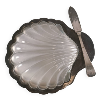 Complete Shell Butter Dish - Metal & Glass - Original Box - 1970s