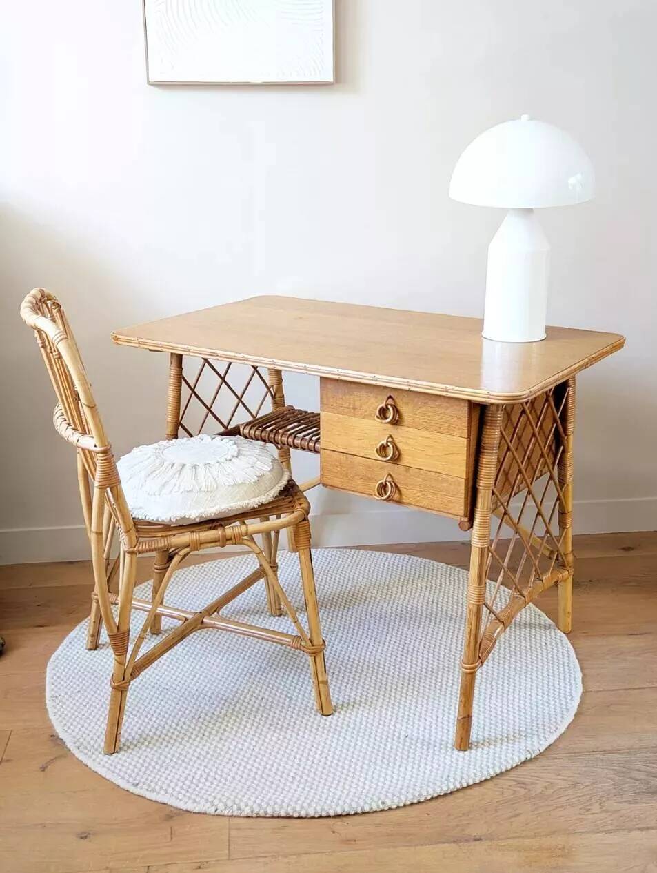 Vintage wood and rattan desk by L. Sognot