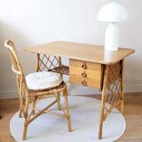 Vintage wood and rattan desk by L. Sognot