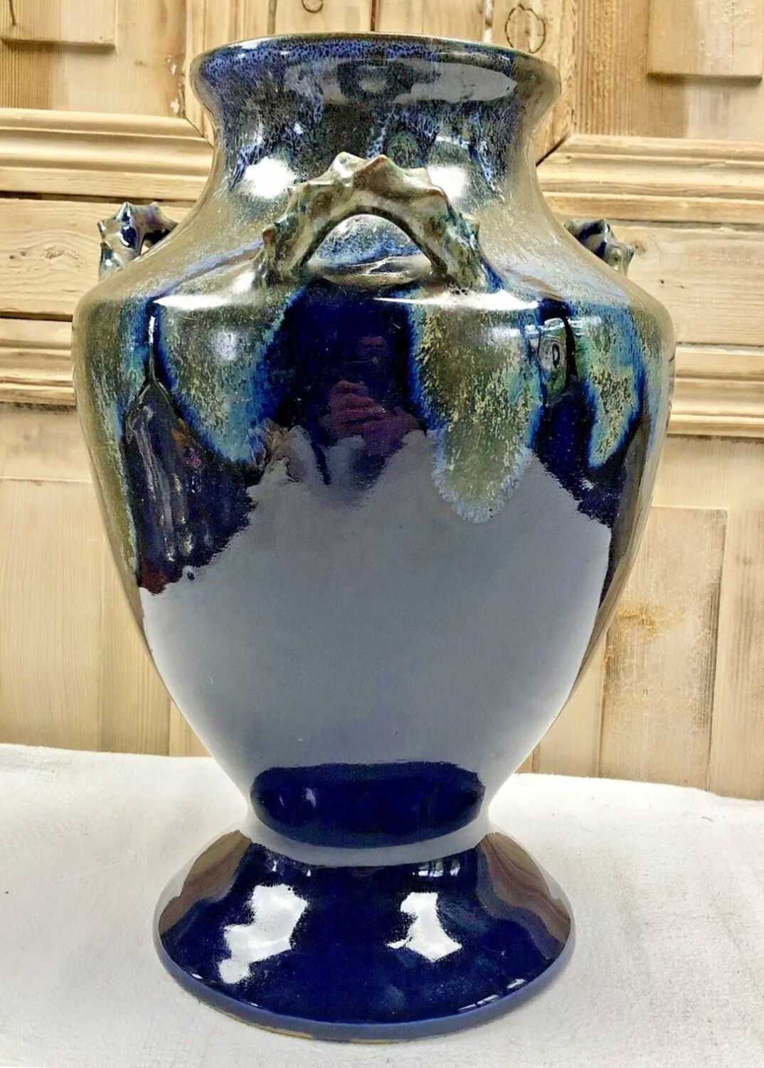 Old large sandstone vase signed Maure Lebret de Ligers Puisaye triple handles
