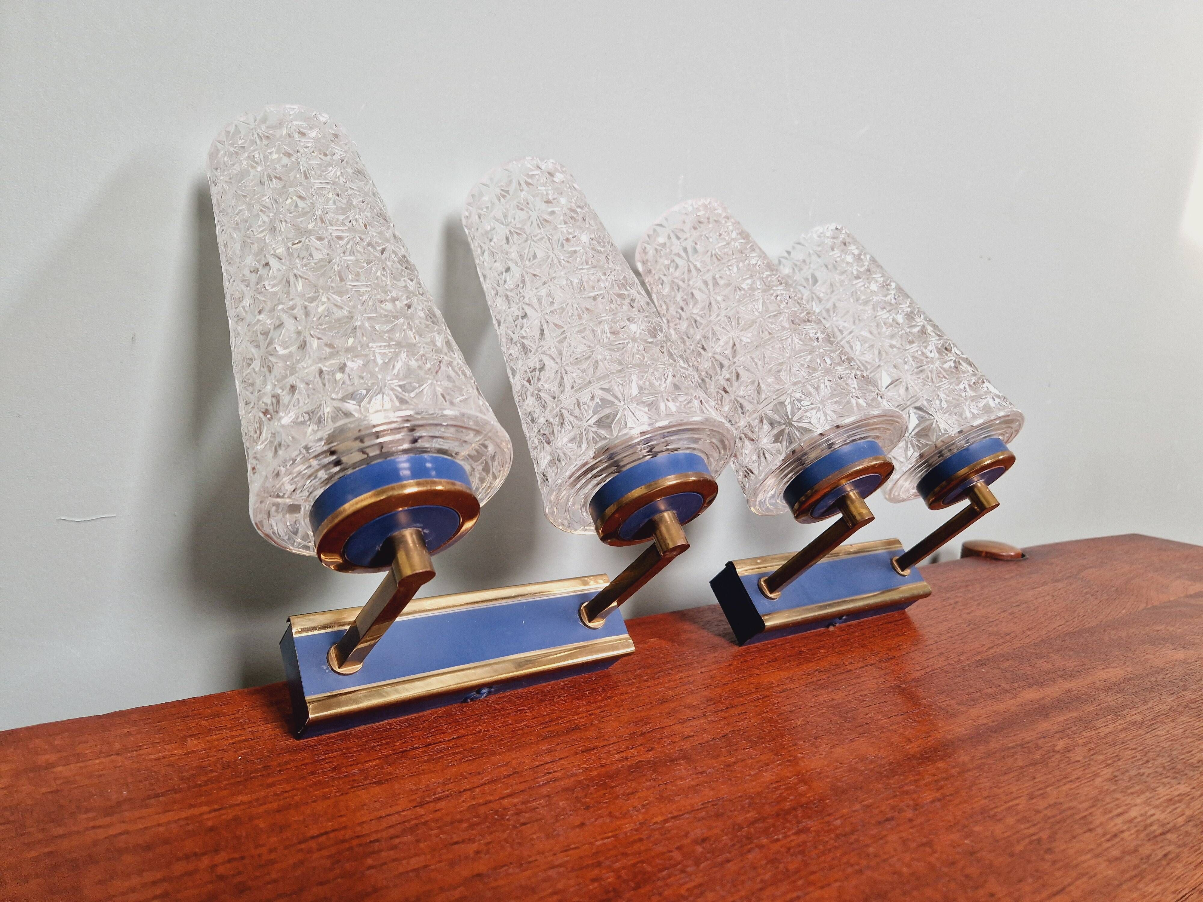 Pair of double wall lights in glass and blue lacquered metal, 1950s-60s