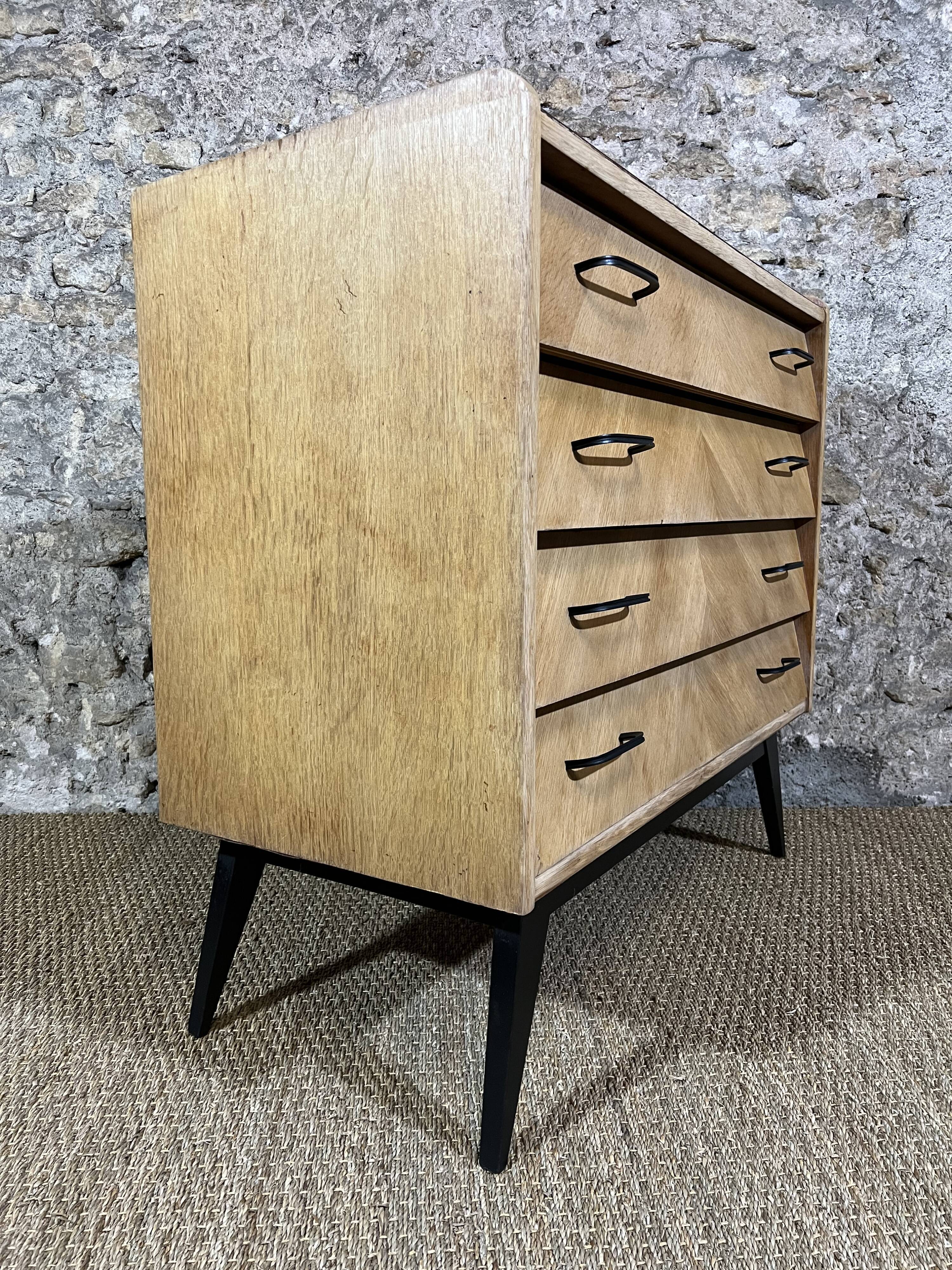 Vintage Chest of Drawers 50's Light Oak Compass Feet 4 Drawers Restyled