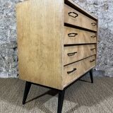 Commode 50's chêne clair pieds compas 4 tiroirs relookée