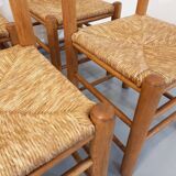 Suite of 6 vintage brutalist chairs in solid oak wood and straw from the 60s