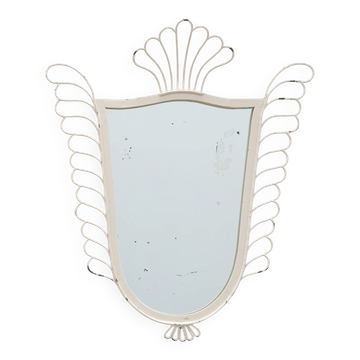 Miroir en métal laqué blanc français avec cadre en fil en boucle et crête en éventail, 1