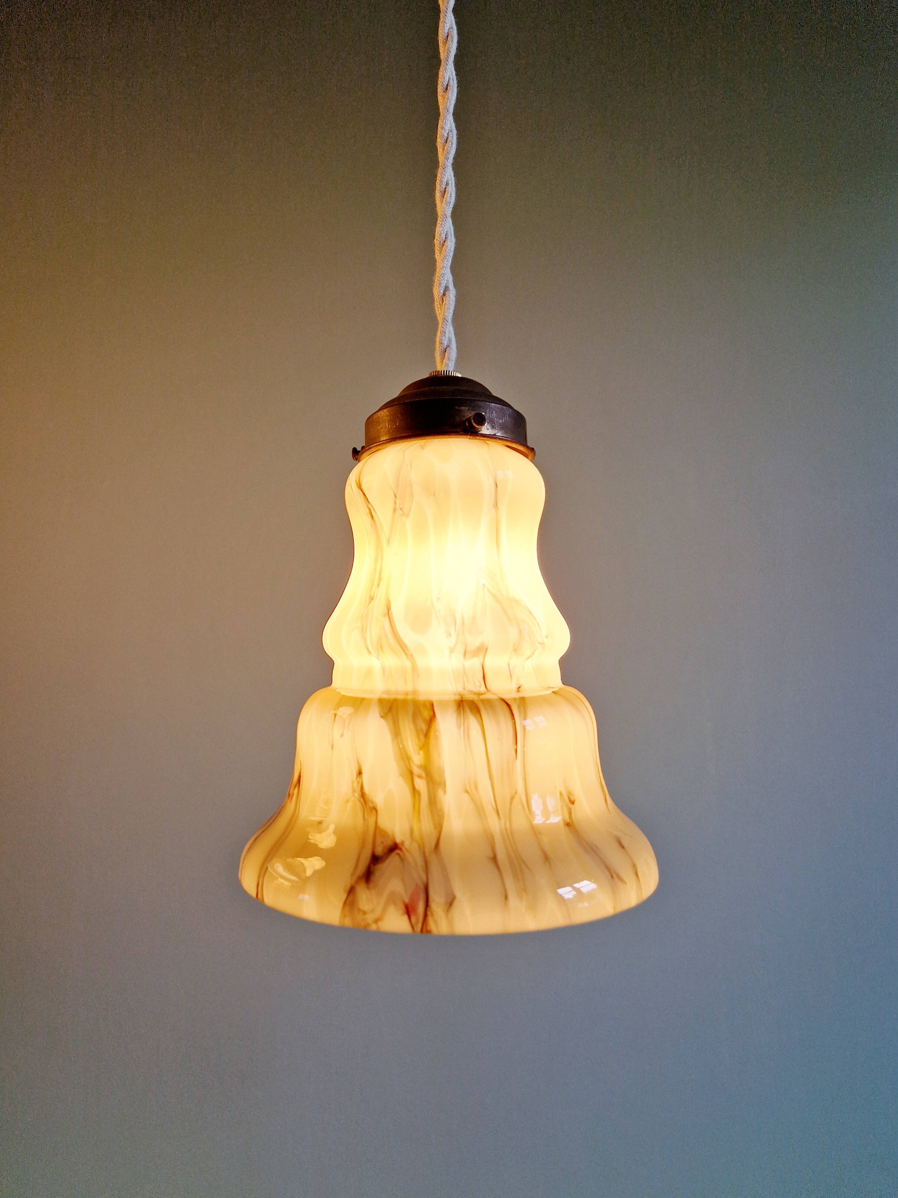 Set of 3 Art Deco marbled opaline pendant lights, 1920s-30s
