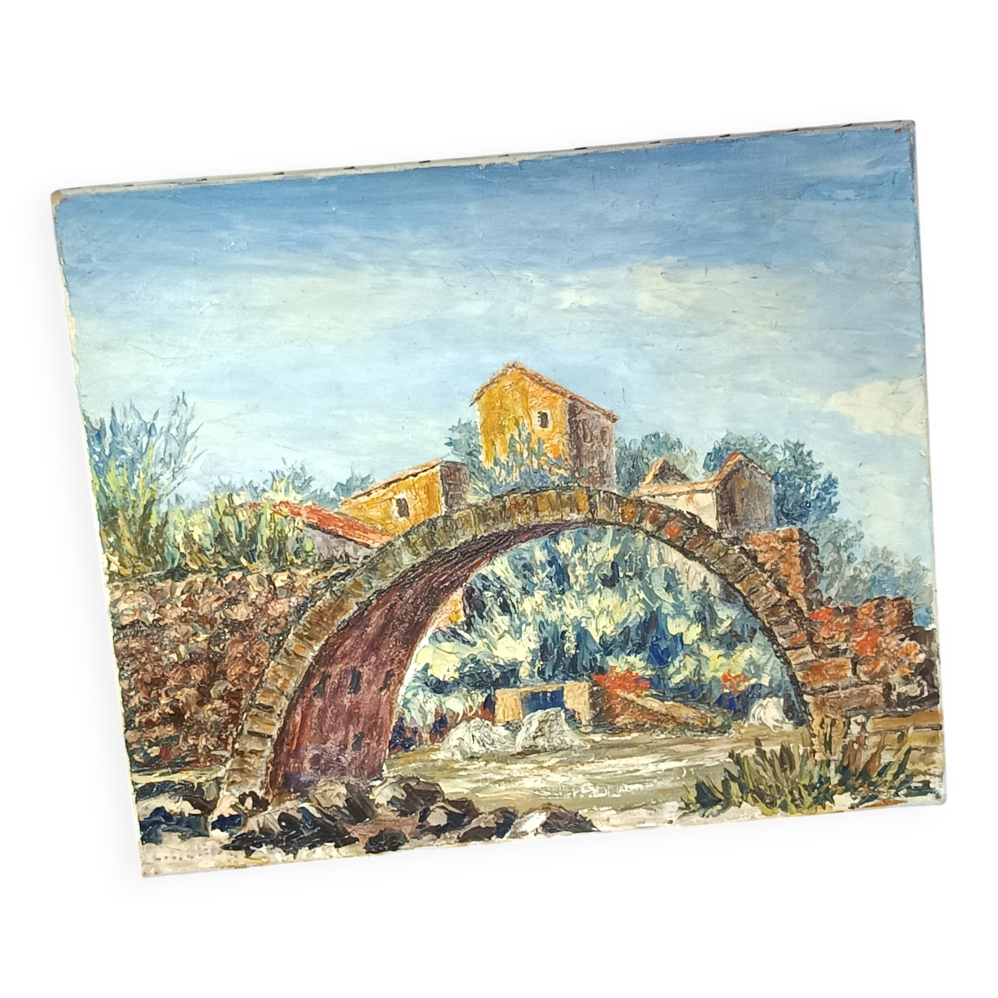 Oil on canvas Provencal bridge signed Louis Charles Benazeth 20th century