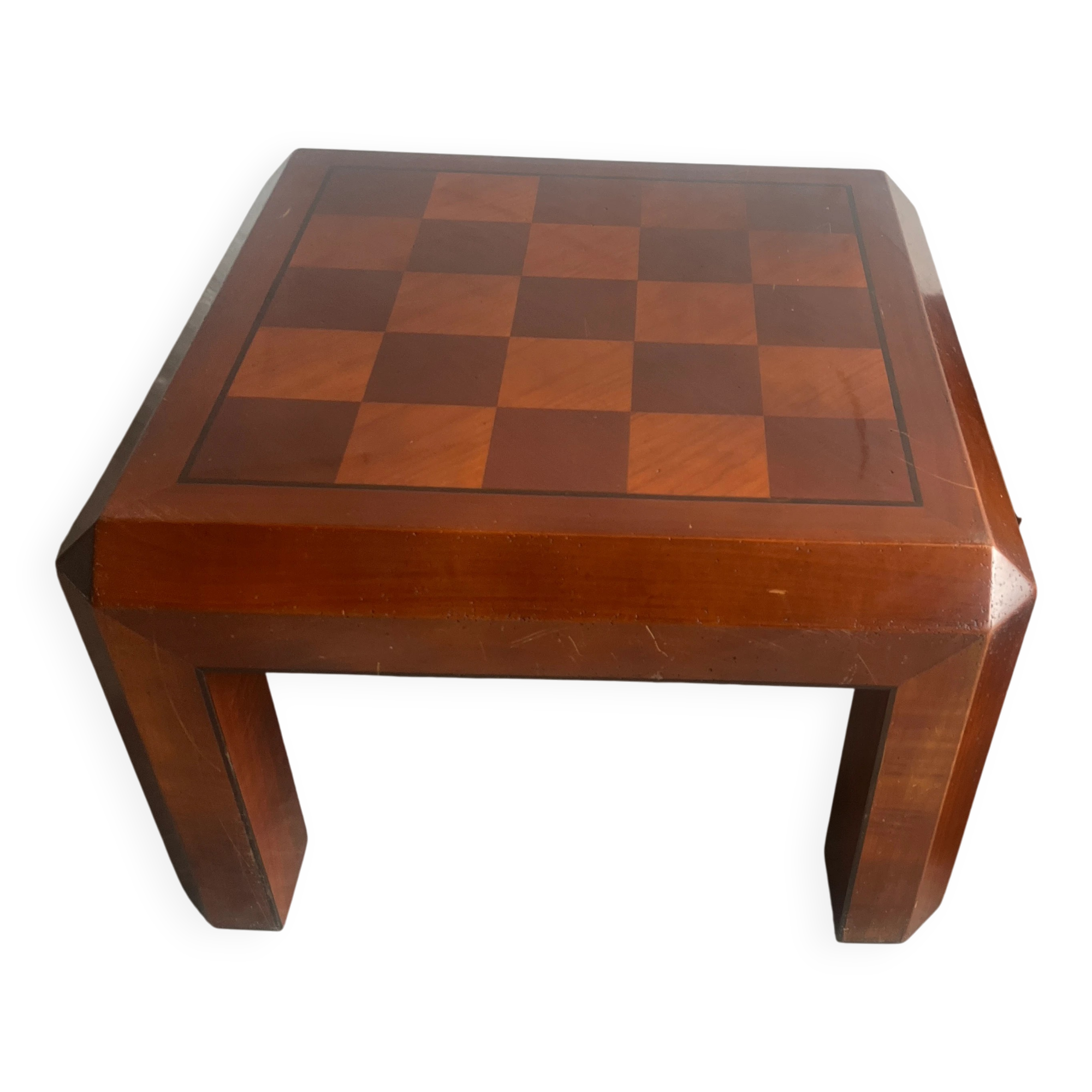 Pair of 1970s Checkered Parquet Side Tables — Warm Walnut Brown Wood, Geometric