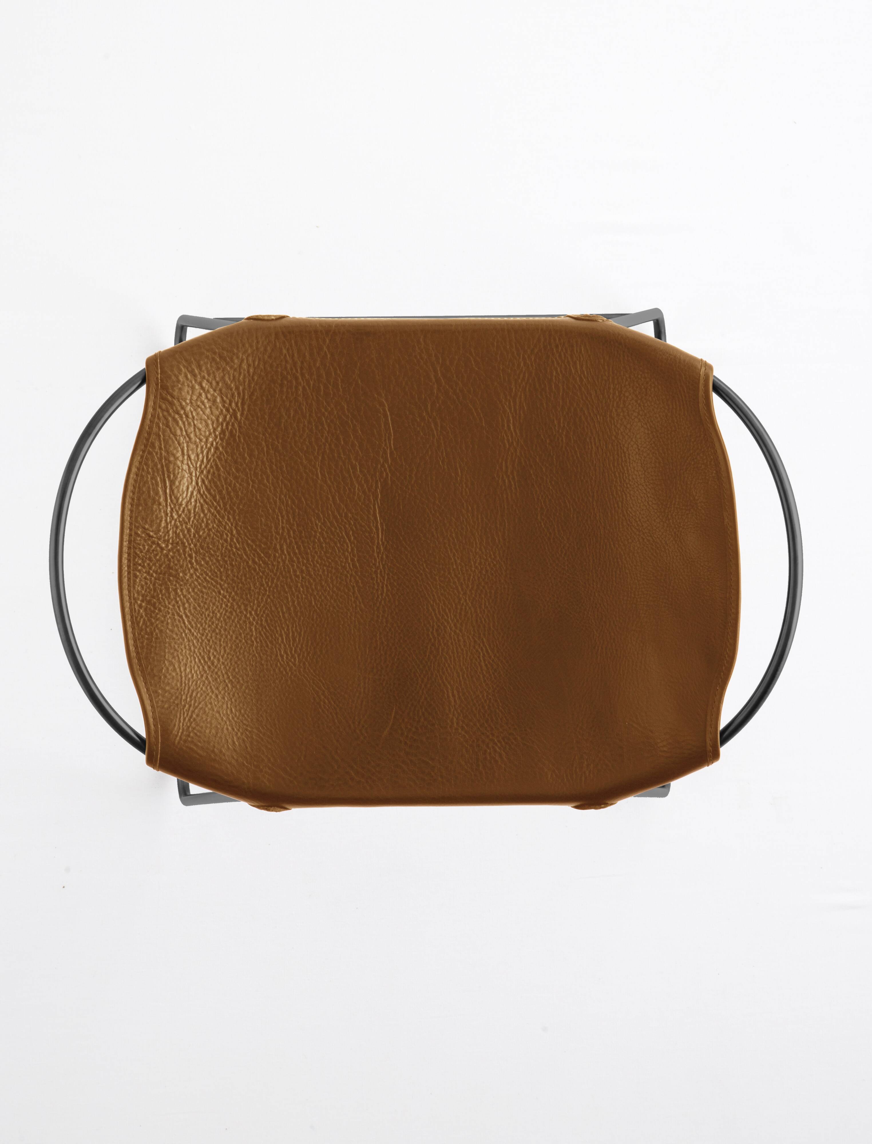 Contemporary Kitchen Counter Stool in Black Steel and Natural Tobacco Leather