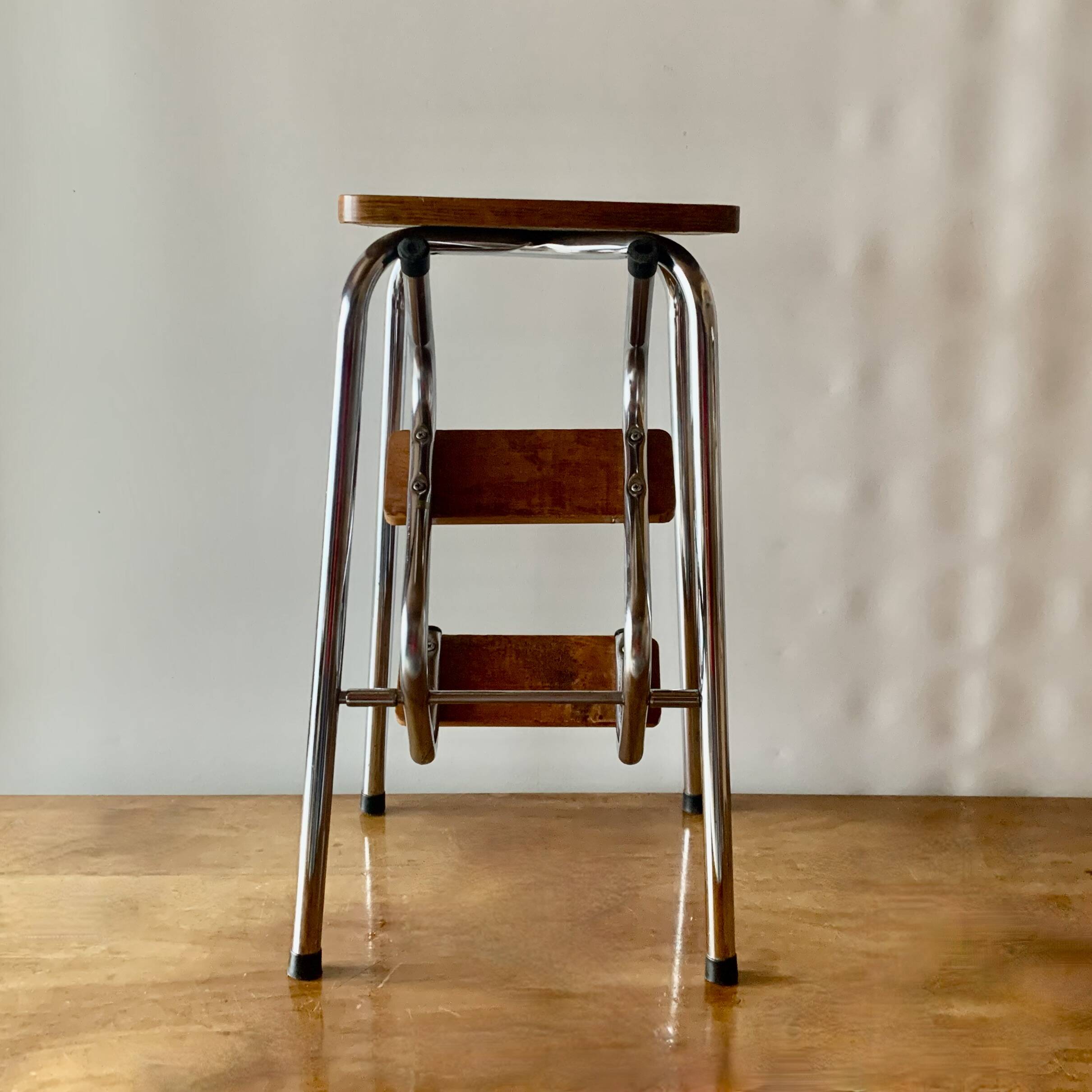 Vintage step stool in brown formica and chrome steel