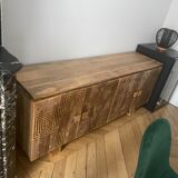 Sideboard wood Mango tree 177x45cm 4 doors 2 shelves black patterns Goa