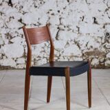 4 Scandinavian Fristho Franeker chairs in teak and faux leather, 1960.