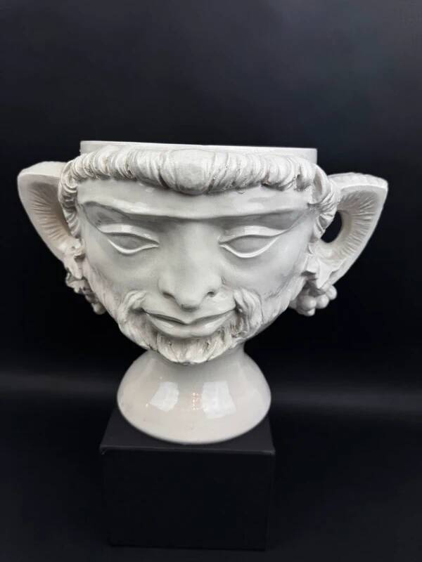 Large white earthenware flowerpot with faun heads circa 1900