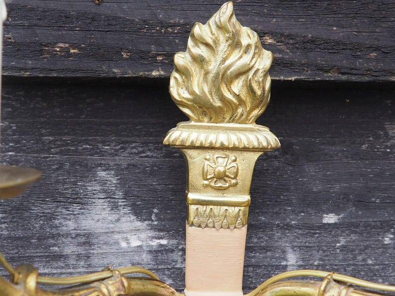 Vintage French Empire Sconces: Gilt Bronze, Salmon Column Double Arm Light