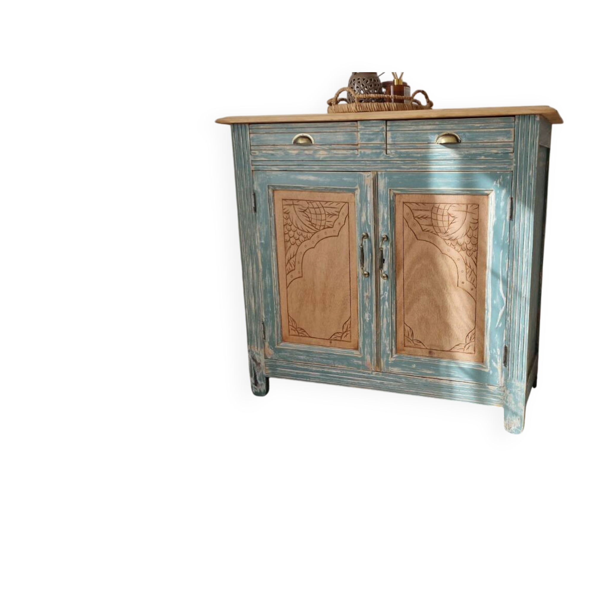 Antique blue-green patinated wooden sideboard – 2 doors, 2 drawers