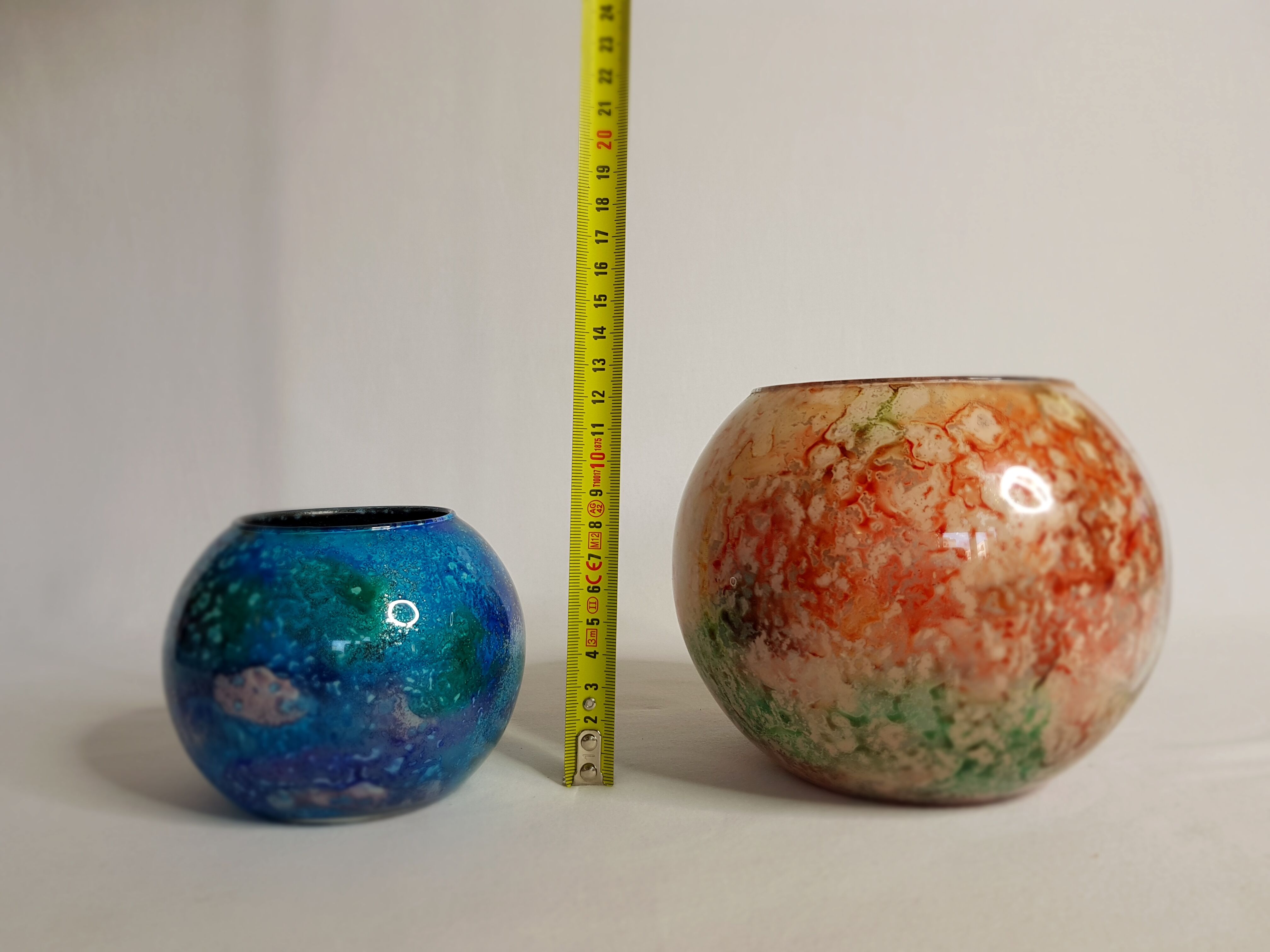 Set of two hand lacquered glass ball vases signed "Laque Line" and "Jean-Noel Bouillet"