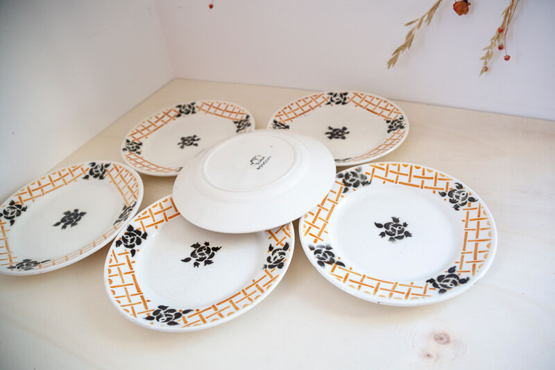6 plates dessert Badonviller Roscoff black flowers