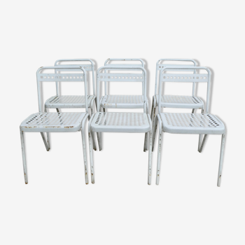 Set of 6 chairs in white lacquered metal, Souvignet, 60s