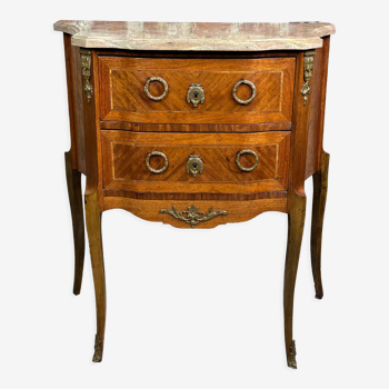 Louis XV/XVI transition style curved chest of drawers in marquetry and bronze