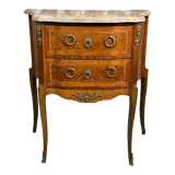 Commode galbée de style transition Louis XV/XVI en marqueterie et bronze