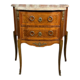 Louis XV/XVI transition style curved chest of drawers in marquetry and bronze