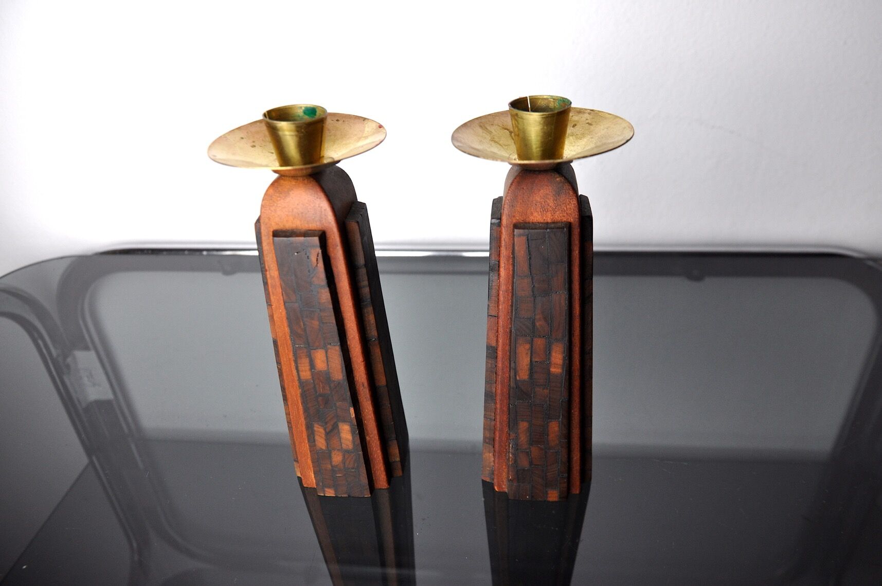 Pair of "David" candlesticks in olive wood, Handcrafted in Israel, 1960