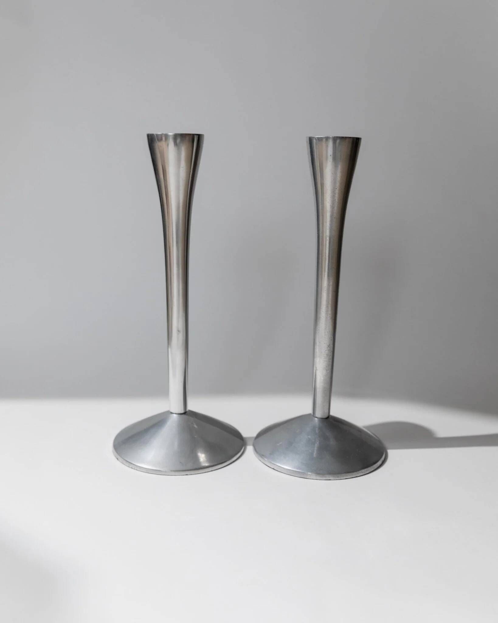 Set of 2 Stainless Steel Vintage Candle Holders, Silver Finish, Space Age Italian Design (1970s)