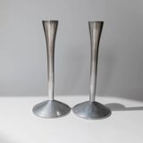 Set of 2 Stainless Steel Vintage Candle Holders, Silver Finish, Space Age Italian Design (1970s)