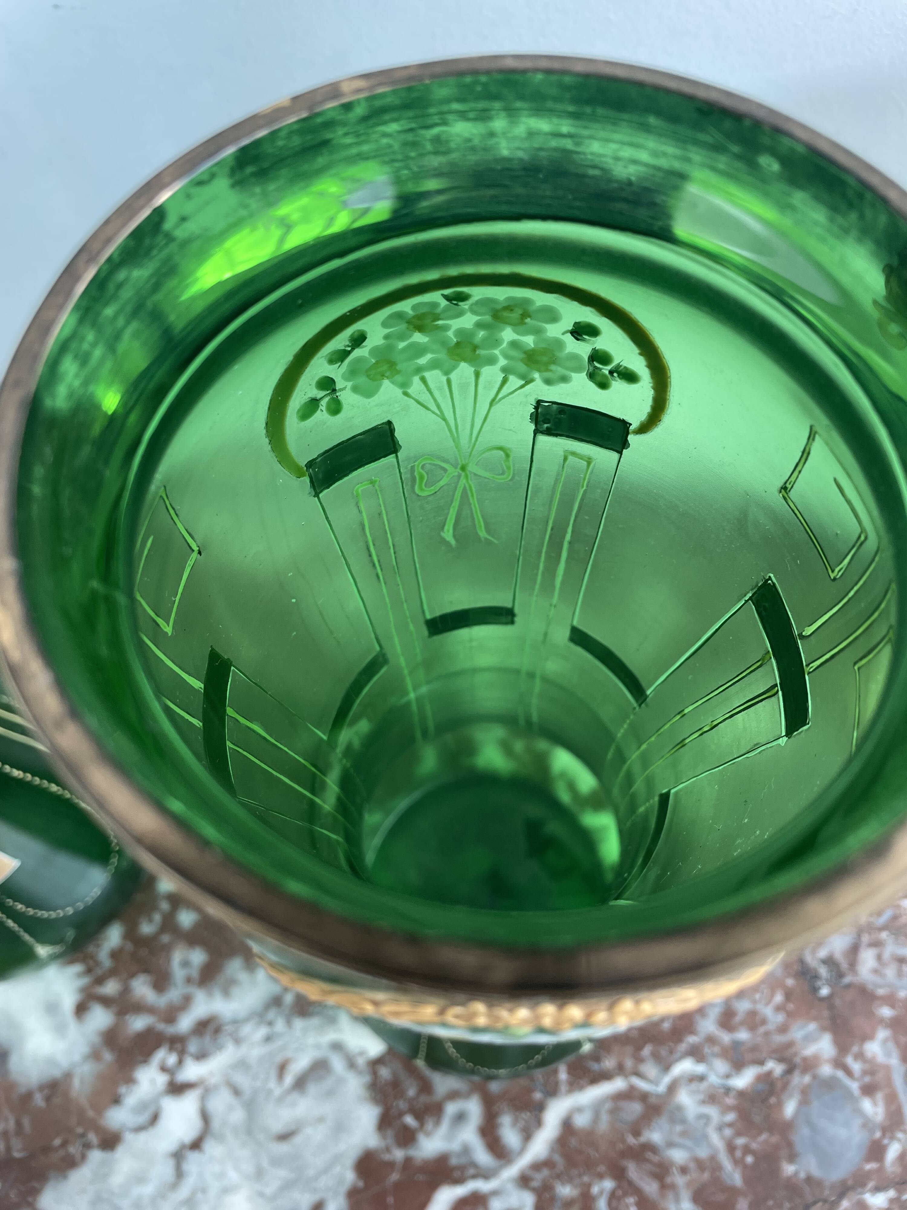 Antique, pair, green vases, flower decoration, golden, ART DECO, daisies, knot, hand painted