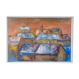 Mid century modernist framed oil painting - houses at sunset