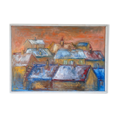 Mid century modernist framed oil painting - houses at sunset