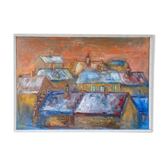 Peinture à l’huile encadrée moderniste du milieu du siècle - Maisons au coucher du soleil