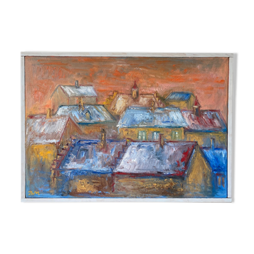 Mid century modernist framed oil painting - houses at sunset