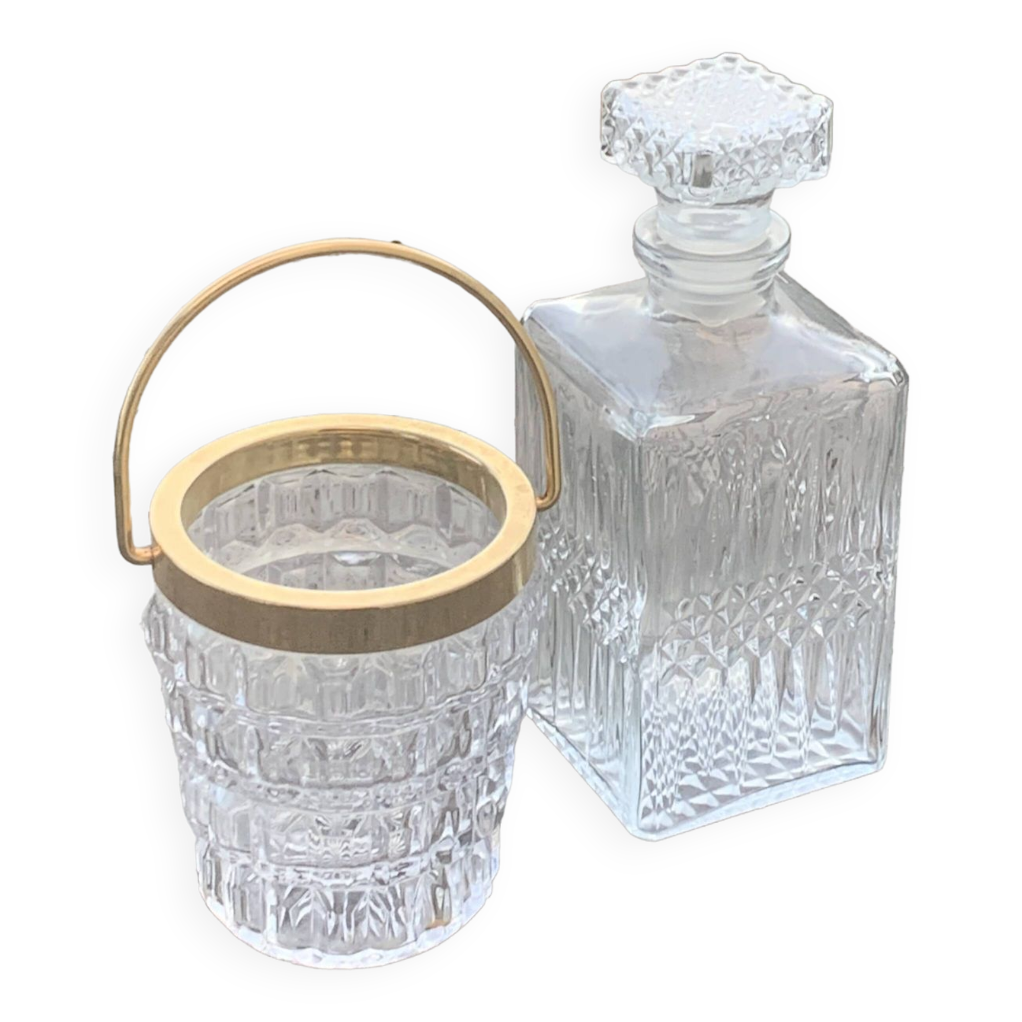 Whiskey carafe and ice bucket in transparent glass and meta handle, gilded brass, diamond pattern