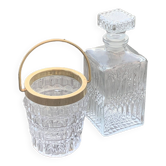 Whiskey carafe and ice bucket in transparent glass and meta handle, gilded brass, diamond pattern