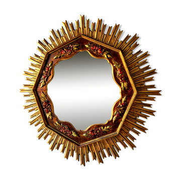 Miroir soleil en bois doré 80cm