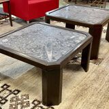 Pair of coffee tables in oak and fossil stone